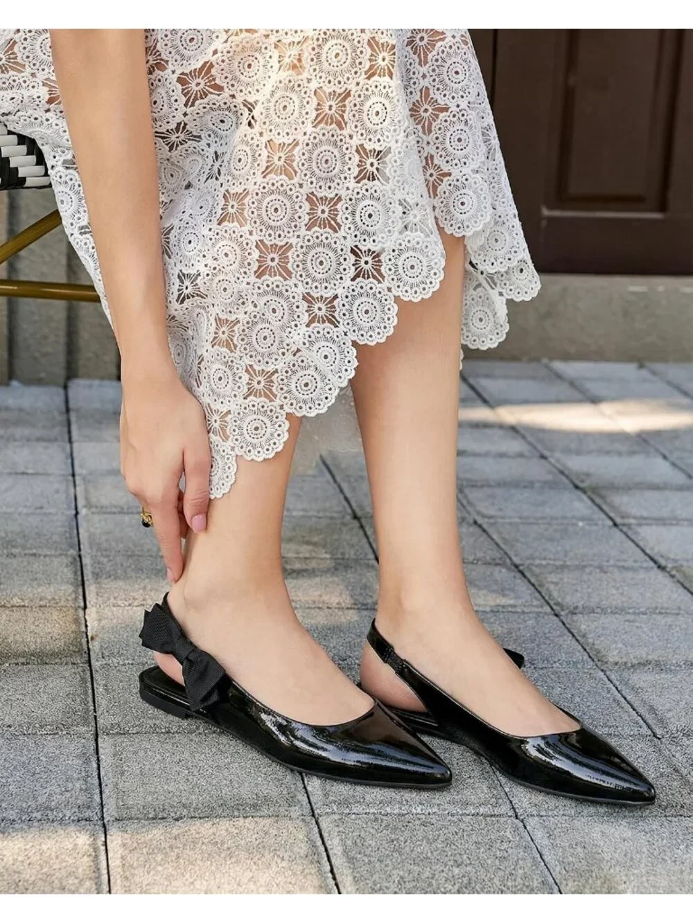 Women's Black Slingback Flats Bow Pointed Closed Toe Slip on Party Dress Shoes